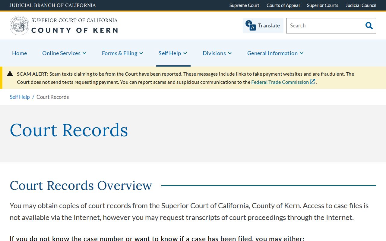 Kern County public records court file request information